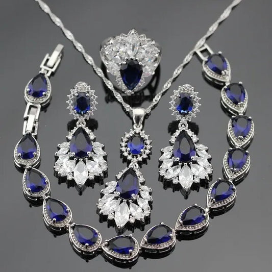 Blue Zircon With White Topaz Crystal Water Drop Shaped Silver Jewelry Sets Necklace Pendant Earring Ring Bracelet For Women - WORLD TIME VISITS