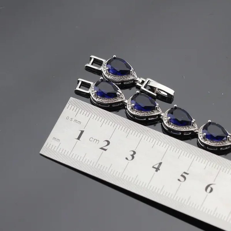 Blue Zircon With White Topaz Crystal Water Drop Shaped Silver Jewelry Sets Necklace Pendant Earring Ring Bracelet For Women