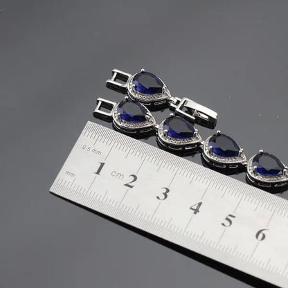 Blue Zircon With White Topaz Crystal Water Drop Shaped Silver Jewelry Sets Necklace Pendant Earring Ring Bracelet For Women