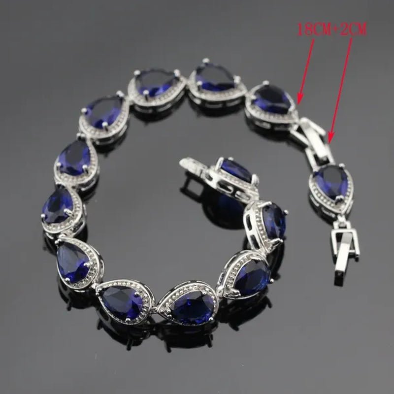 Blue Zircon With White Topaz Crystal Water Drop Shaped Silver Jewelry Sets Necklace Pendant Earring Ring Bracelet For Women