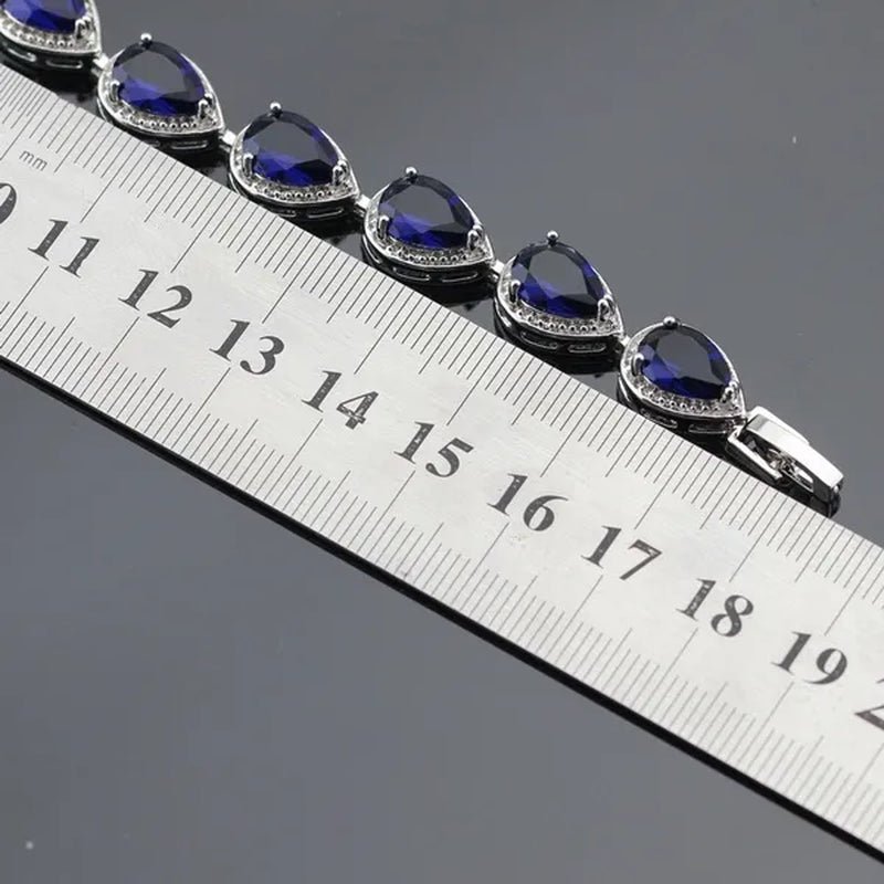 Blue Zircon With White Topaz Crystal Water Drop Shaped Silver Jewelry Sets Necklace Pendant Earring Ring Bracelet For Women