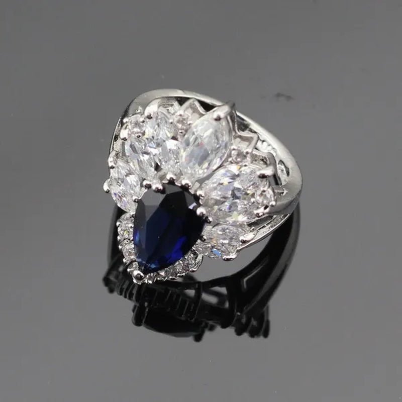 Blue Zircon With White Topaz Crystal Water Drop Shaped Silver Jewelry Sets Necklace Pendant Earring Ring Bracelet For Women - WORLD TIME VISITS