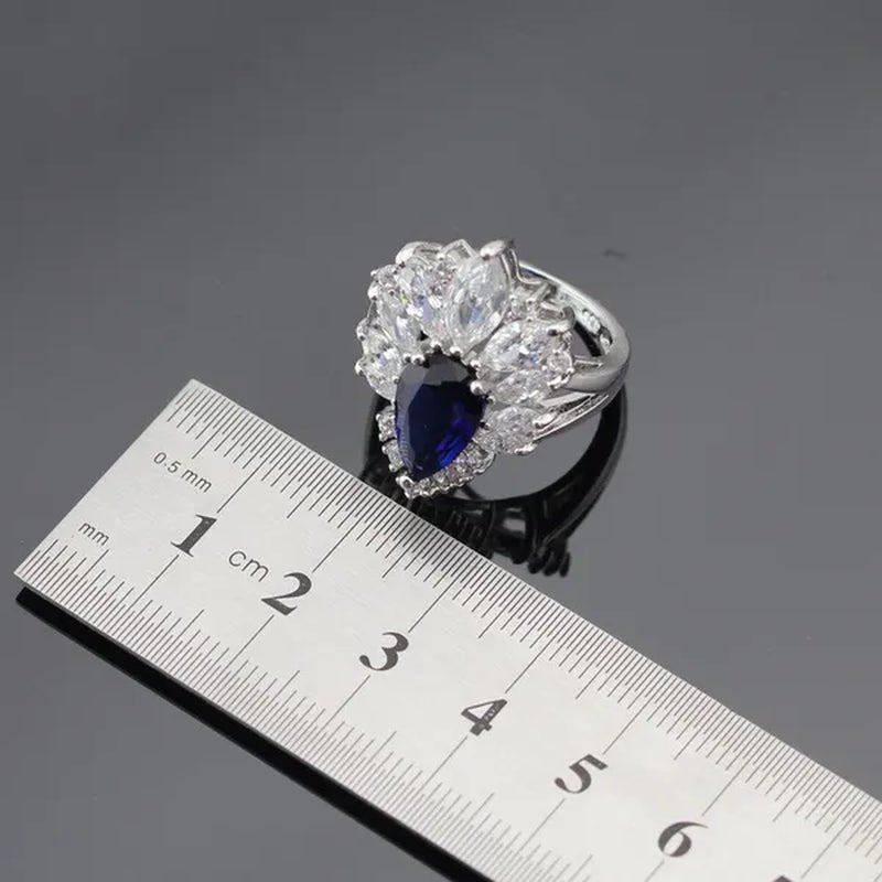 Blue Zircon With White Topaz Crystal Water Drop Shaped Silver Jewelry Sets Necklace Pendant Earring Ring Bracelet For Women - WORLD TIME VISITS