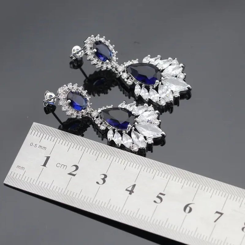Blue Zircon With White Topaz Crystal Water Drop Shaped Silver Jewelry Sets Necklace Pendant Earring Ring Bracelet For Women