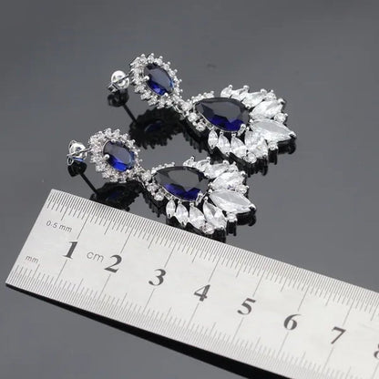 Blue Zircon With White Topaz Crystal Water Drop Shaped Silver Jewelry Sets Necklace Pendant Earring Ring Bracelet For Women
