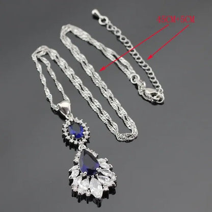 Blue Zircon With White Topaz Crystal Water Drop Shaped Silver Jewelry Sets Necklace Pendant Earring Ring Bracelet For Women