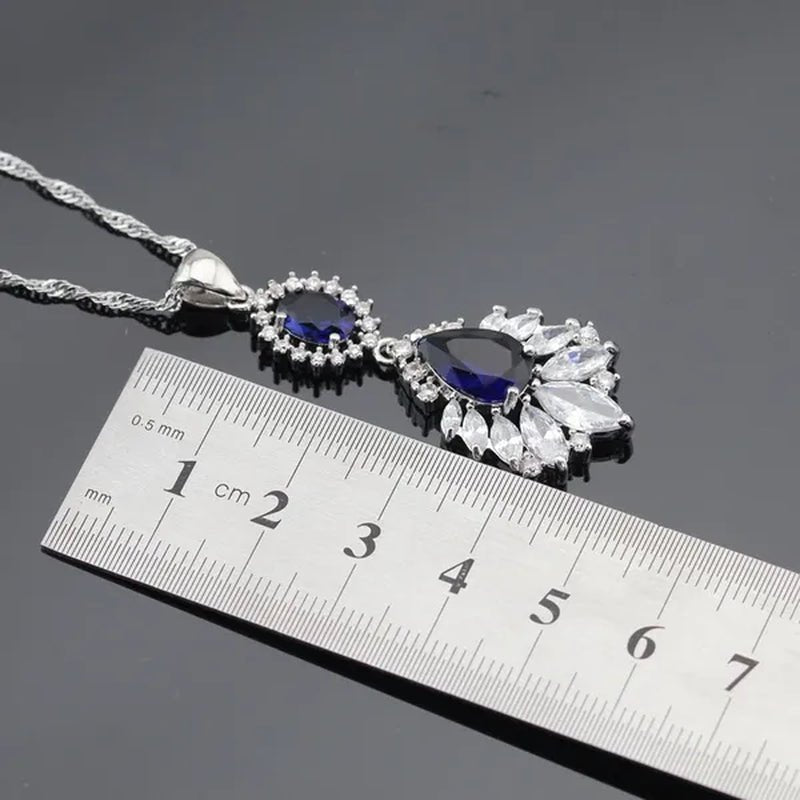 Blue Zircon With White Topaz Crystal Water Drop Shaped Silver Jewelry Sets Necklace Pendant Earring Ring Bracelet For Women