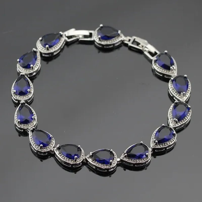 Blue Zircon With White Topaz Crystal Water Drop Shaped Silver Jewelry Sets Necklace Pendant Earring Ring Bracelet For Women