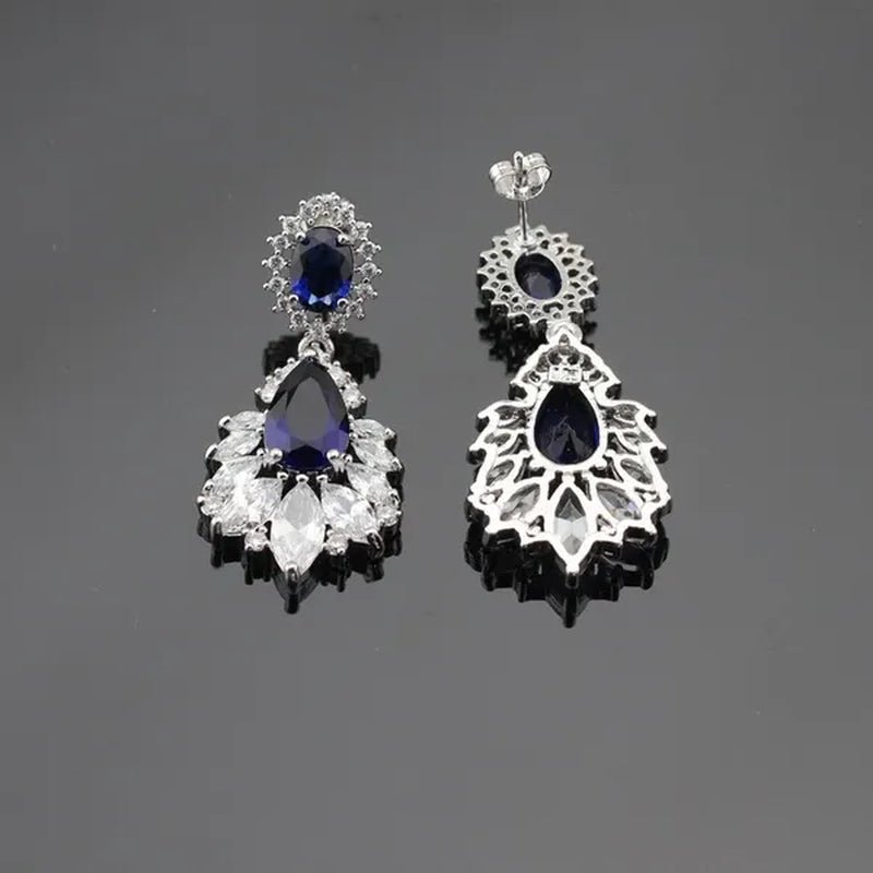 Blue Zircon With White Topaz Crystal Water Drop Shaped Silver Jewelry Sets Necklace Pendant Earring Ring Bracelet For Women