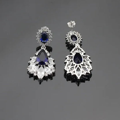 Blue Zircon With White Topaz Crystal Water Drop Shaped Silver Jewelry Sets Necklace Pendant Earring Ring Bracelet For Women