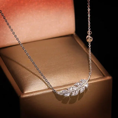 Bohemian Crystal Angel Feather Wing Pendant Necklace Party Jewelry 925 Sterling Silver Clavicle Necklace for Women 18Inch Chain