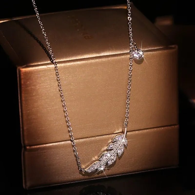 Bohemian Crystal Angel Feather Wing Pendant Necklace Party Jewelry 925 Sterling Silver Clavicle Necklace for Women 18Inch Chain