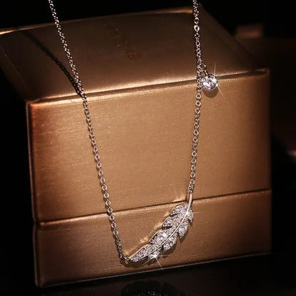 Bohemian Crystal Angel Feather Wing Pendant Necklace Party Jewelry 925 Sterling Silver Clavicle Necklace for Women 18Inch Chain