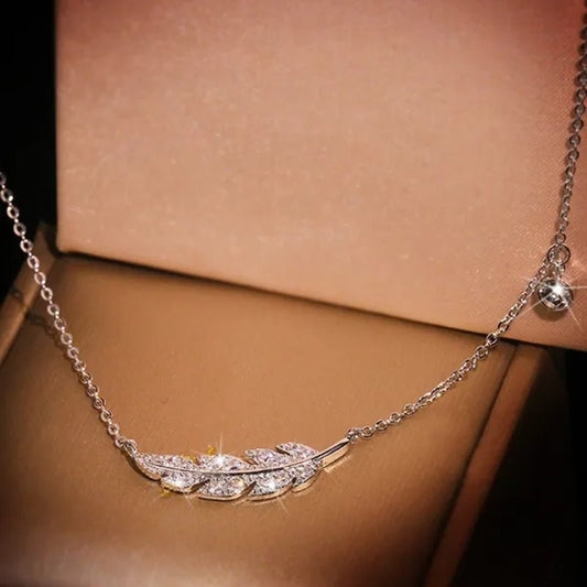 Bohemian Crystal Angel Feather Wing Pendant Necklace Party Jewelry 925 Sterling Silver Clavicle Necklace for Women 18Inch Chain - WORLD TIME VISITS