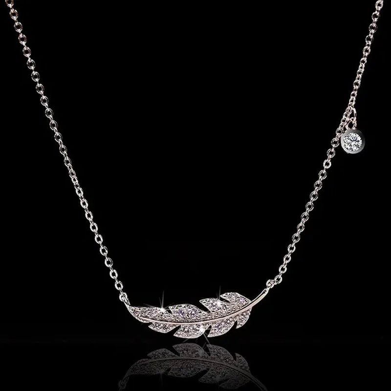 Bohemian Crystal Angel Feather Wing Pendant Necklace Party Jewelry 925 Sterling Silver Clavicle Necklace for Women 18Inch Chain - WORLD TIME VISITS