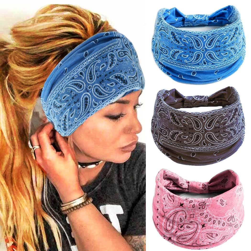 Boho Headbands Wide Turban Knotted Head Bands African Head Wraps Yoga Hairbands Hair Scarf Elastic Hair Accessories for Women and Girls Pack of 3 (Set - 2B) - WORLD TIME VISITS