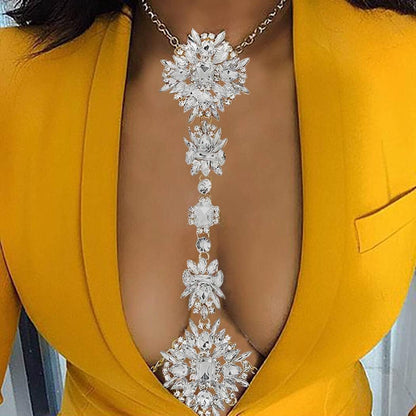 Boho Rhinestone Statement Chest Chain Crystal Necklace Body Chain Summer Beach Body Jewelry Accessories for Women