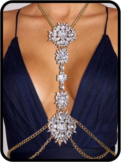 Boho Rhinestone Statement Chest Chain Crystal Necklace Body Chain Summer Beach Body Jewelry Accessories for Women - WORLD TIME VISITS