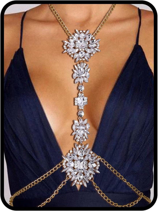 Boho Rhinestone Statement Chest Chain Crystal Necklace Body Chain Summer Beach Body Jewelry Accessories for Women - WORLD TIME VISITS