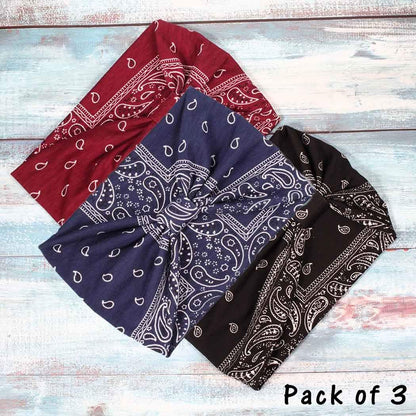 Boho Wide Headbands Knotted Turban African Yoga Hairbands Stretch Elastic Motorcycle Hair Accessories for Women and Girls Pack of 3 (Set-1)