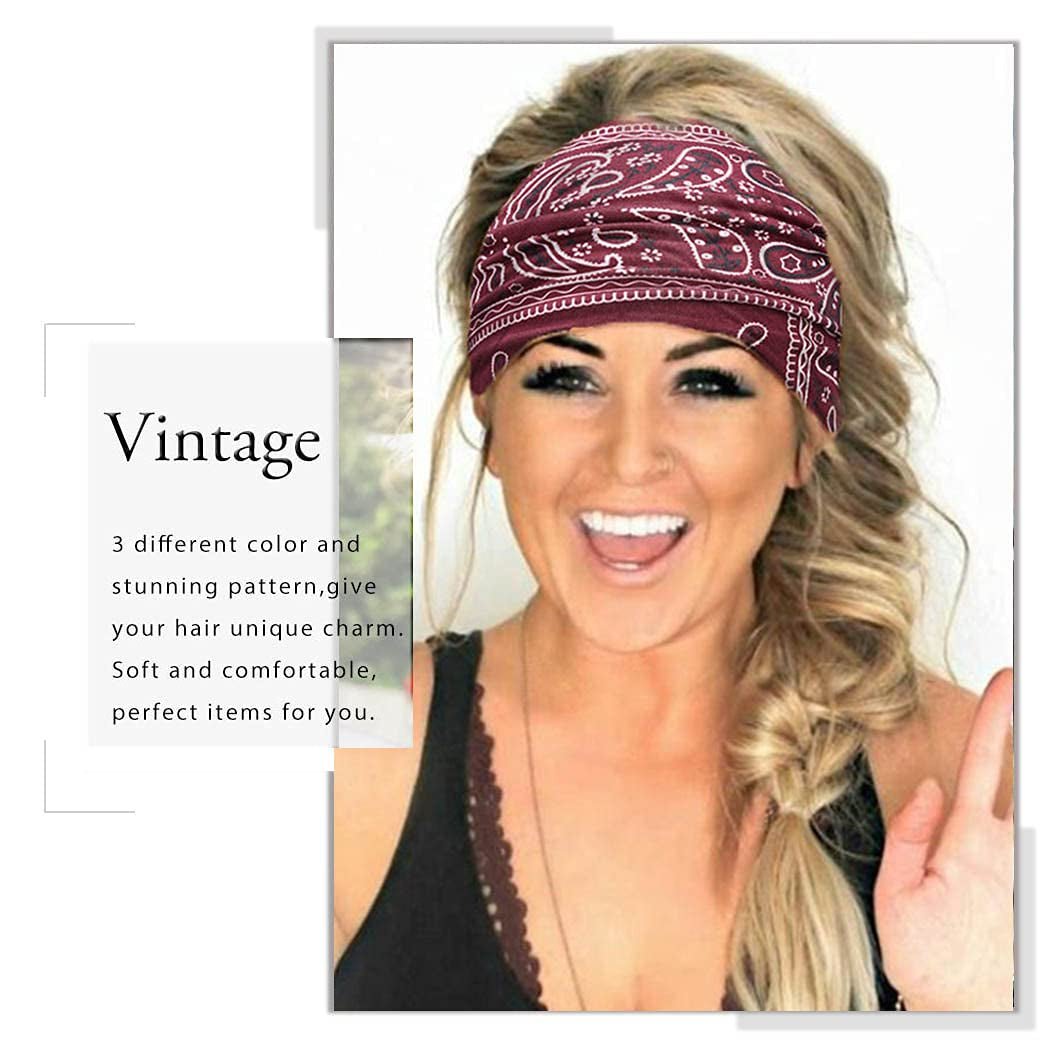 Boho Wide Headbands Knotted Turban African Yoga Hairbands Stretch Elastic Motorcycle Hair Accessories for Women and Girls Pack of 3 (Set-1)