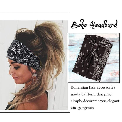 Boho Wide Headbands Knotted Turban African Yoga Hairbands Stretch Elastic Motorcycle Hair Accessories for Women and Girls Pack of 3 (Set-1)