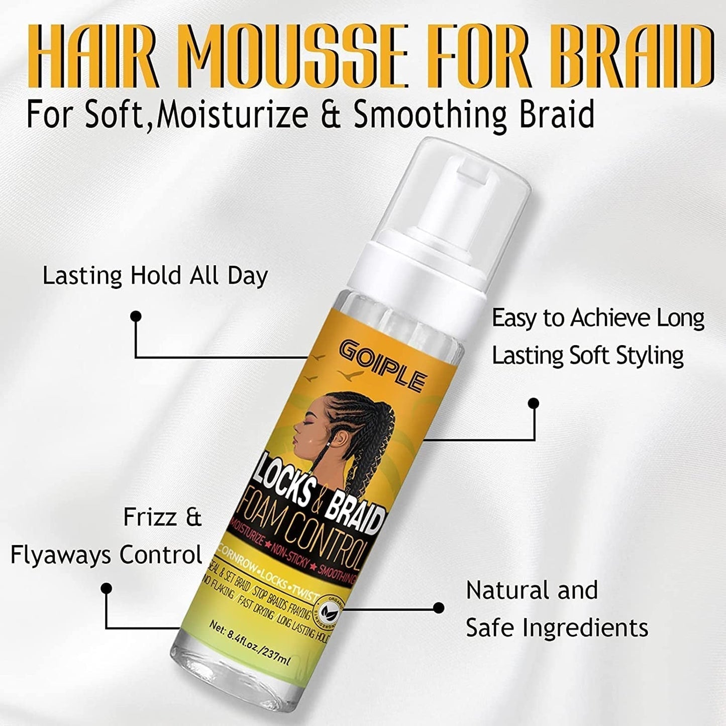 Braid Foam for Braids, Twists, Locs - No Flake Extra Hold & High Shine - Lightweight Mousse Moisturizes & Styles Hair - 8Fl Oz - WORLD TIME VISITS