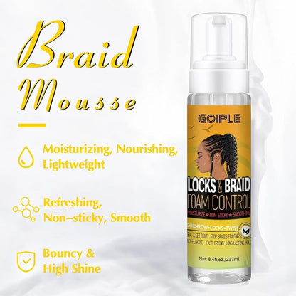 Braid Foam for Braids, Twists, Locs - No Flake Extra Hold & High Shine - Lightweight Mousse Moisturizes & Styles Hair - 8Fl Oz