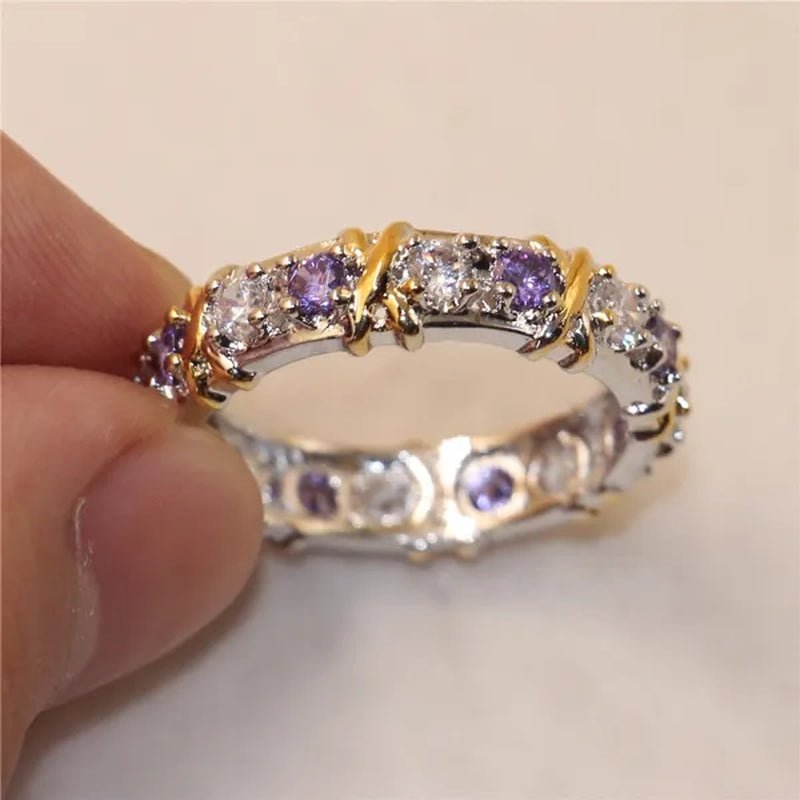Brand Jewlery Women's Fashion 925 Silver Purple Simulated Diamond Cubic Zirconia Tanzanite Yellow Gold Cross Eternal Band Wedding Ring - WORLD TIME VISITS