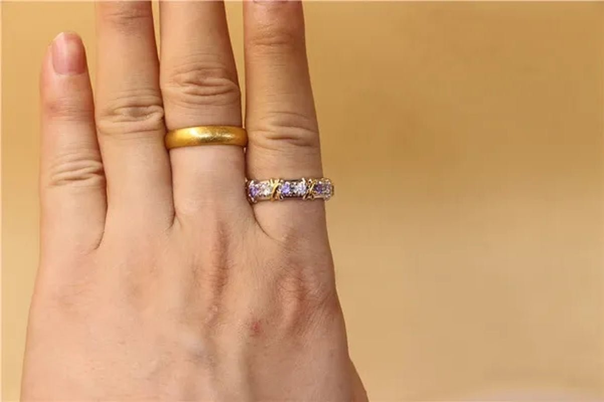 Brand Jewlery Women's Fashion 925 Silver Purple Simulated Diamond Cubic Zirconia Tanzanite Yellow Gold Cross Eternal Band Wedding Ring