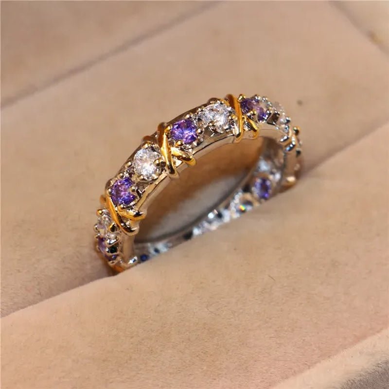 Brand Jewlery Women's Fashion 925 Silver Purple Simulated Diamond Cubic Zirconia Tanzanite Yellow Gold Cross Eternal Band Wedding Ring - WORLD TIME VISITS