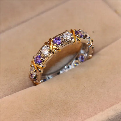 Brand Jewlery Women's Fashion 925 Silver Purple Simulated Diamond Cubic Zirconia Tanzanite Yellow Gold Cross Eternal Band Wedding Ring - WORLD TIME VISITS