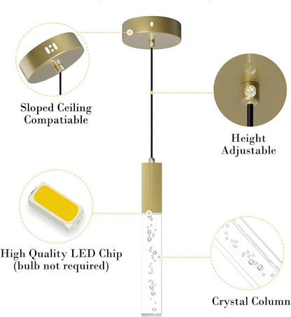 Brass Pendant Light Kitchen Fixture Dimmable Integrated LED Modern Pendant Light for Kitchen Island Mini Crystal Pendant Light for Bathroom Bedroom 3000K Warm Light(2-Pack)