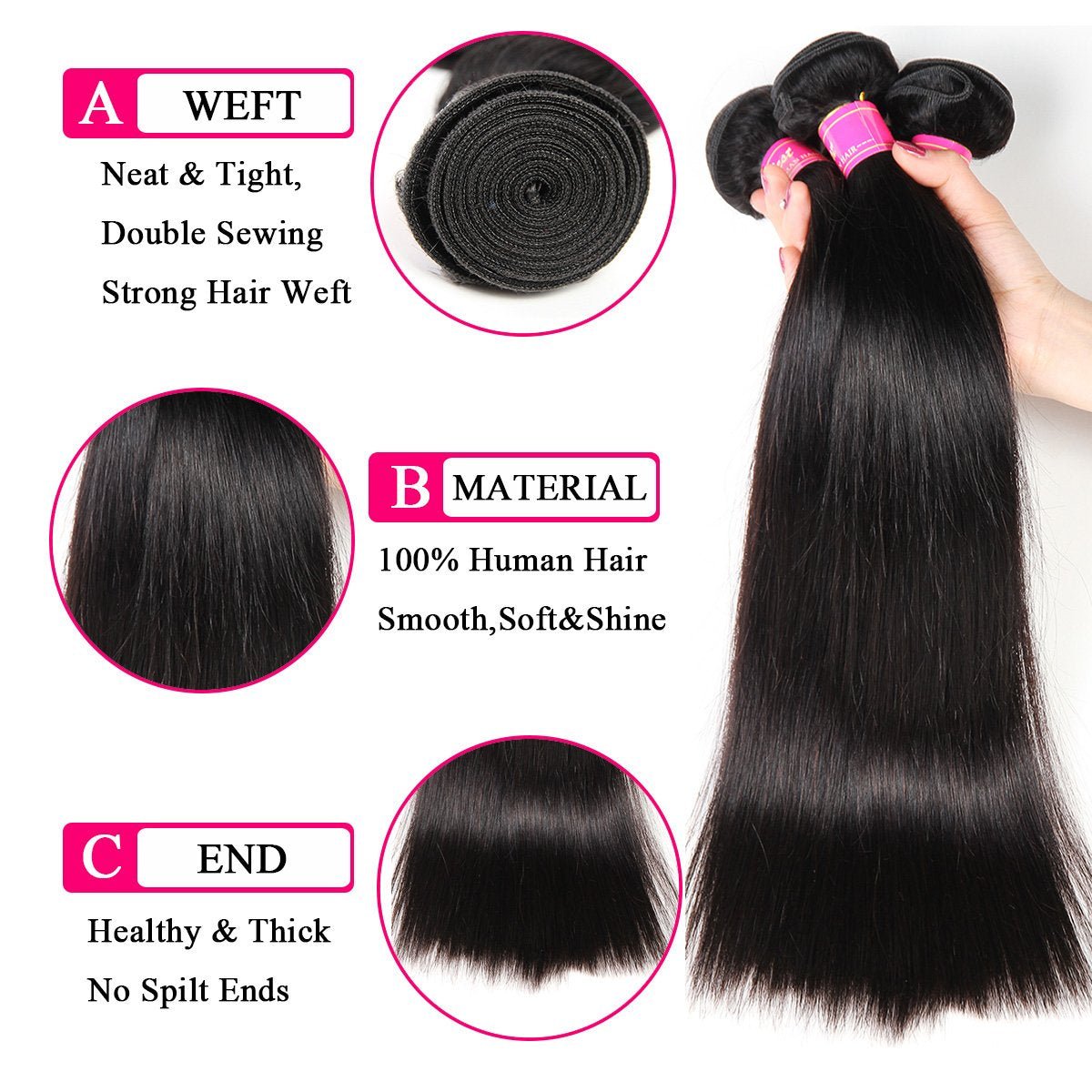 Brazilian Hair Straight Bundles 10A Grade 10 12 14 Inches 100% Unprocessed Virgin Straight Human Hair 3 Bundles Weave Extensions Natural Color - WORLD TIME VISITS