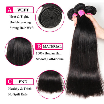 Brazilian Hair Straight Bundles 10A Grade 10 12 14 Inches 100% Unprocessed Virgin Straight Human Hair 3 Bundles Weave Extensions Natural Color - WORLD TIME VISITS