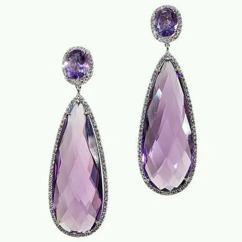Bridal Wedding Dangle Earrings for Women Silver Plated Teardrop Amethyst Gemstone Drop Earrings Anniversary Gift - WORLD TIME VISITS