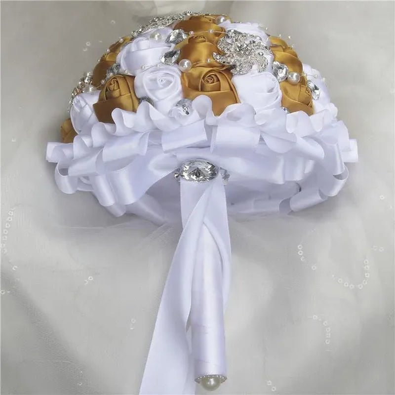 Bride Wedding Bouquet Ivory Gold Rose Flower Crystal Brooch Bouquet Flowers Diameter 18CM