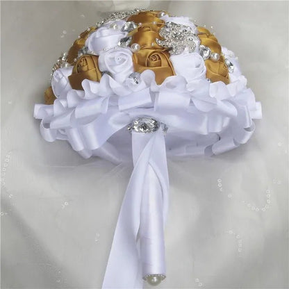 Bride Wedding Bouquet Ivory Gold Rose Flower Crystal Brooch Bouquet Flowers Diameter 18CM