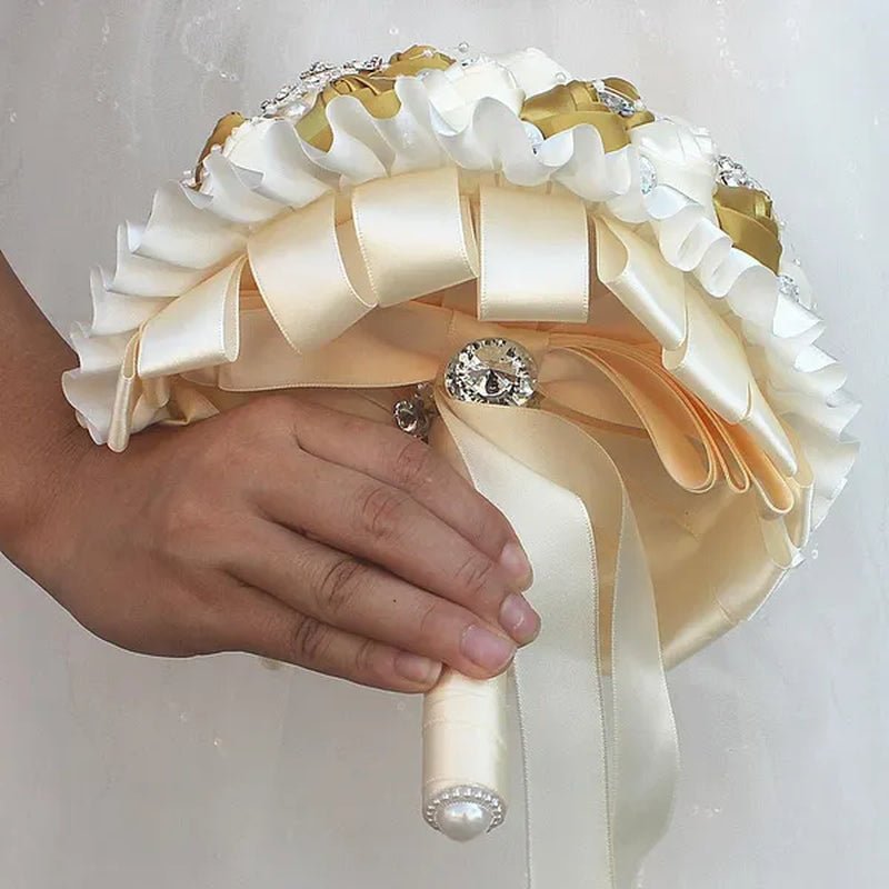 Bride Wedding Bouquet Ivory Gold Rose Flower Crystal Brooch Bouquet Flowers Diameter 18CM - WORLD TIME VISITS
