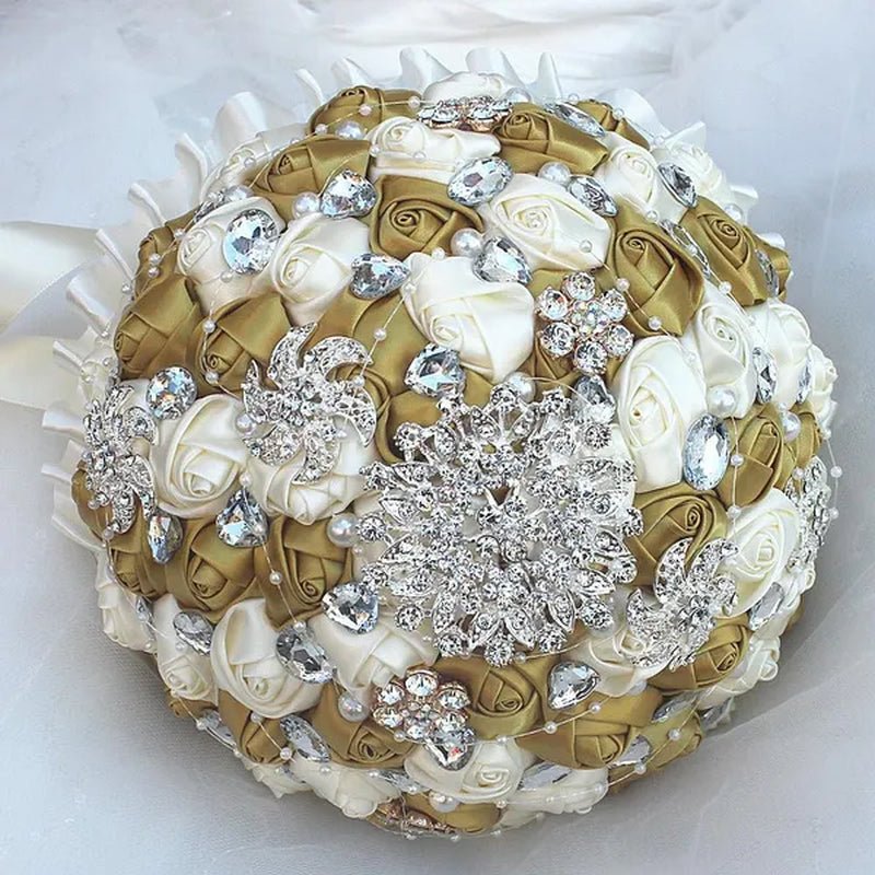Bride Wedding Bouquet Ivory Gold Rose Flower Crystal Brooch Bouquet Flowers Diameter 18CM