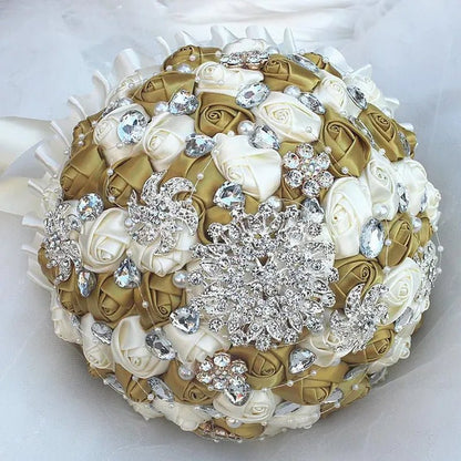 Bride Wedding Bouquet Ivory Gold Rose Flower Crystal Brooch Bouquet Flowers Diameter 18CM
