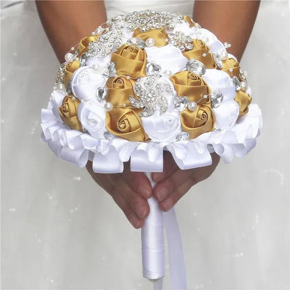 Bride Wedding Bouquet Ivory Gold Rose Flower Crystal Brooch Bouquet Flowers Diameter 18CM