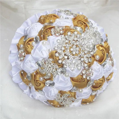 Bride Wedding Bouquet Ivory Gold Rose Flower Crystal Brooch Bouquet Flowers Diameter 18CM