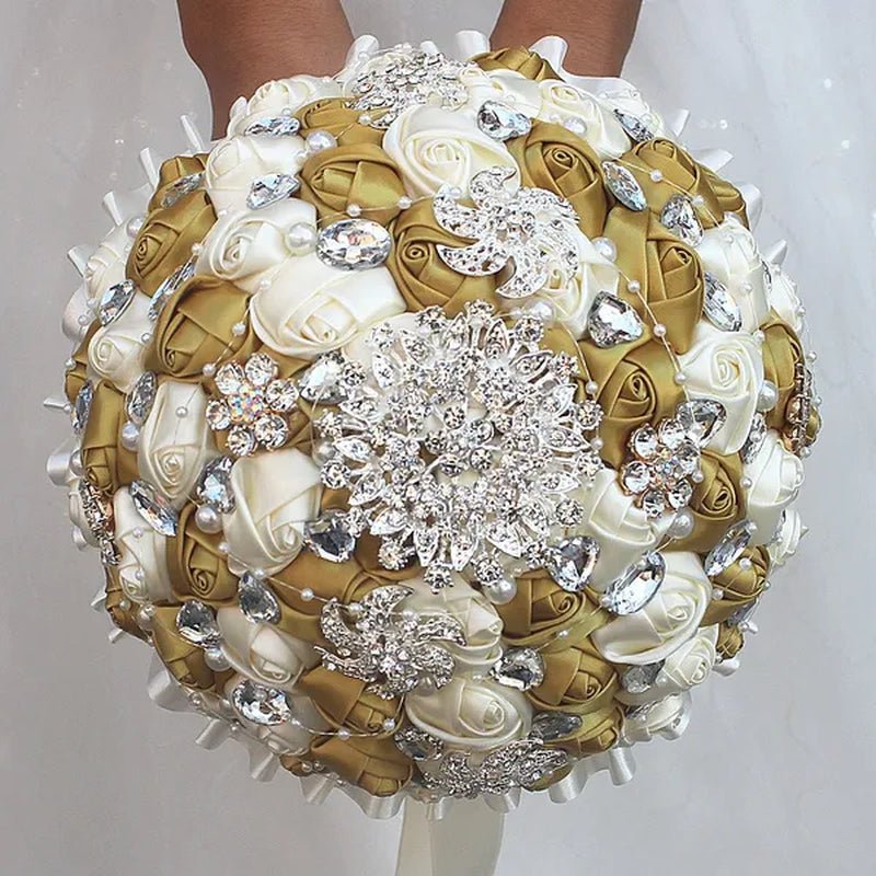 Bride Wedding Bouquet Ivory Gold Rose Flower Crystal Brooch Bouquet Flowers Diameter 18CM - WORLD TIME VISITS