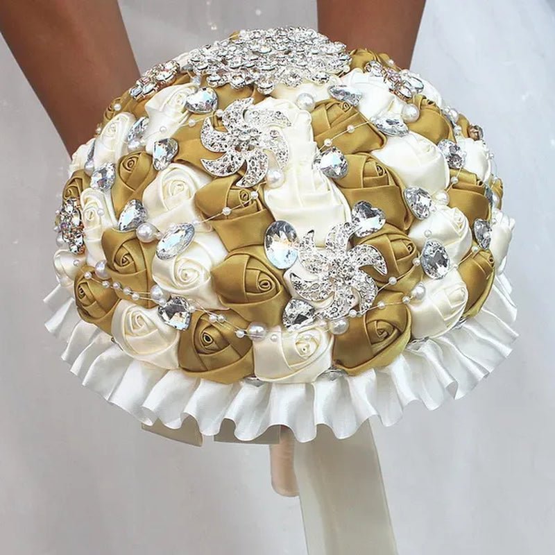 Bride Wedding Bouquet Ivory Gold Rose Flower Crystal Brooch Bouquet Flowers Diameter 18CM - WORLD TIME VISITS