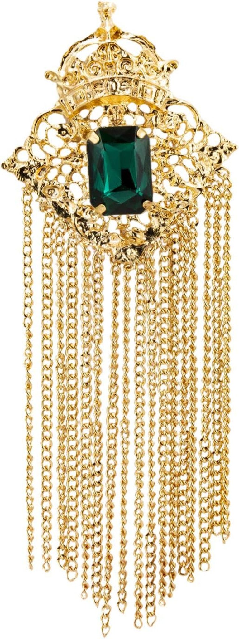 Brooch Pin Crowned Green Stone with Abstract Work and Hanging Chain Lapel Pin Accessories for Men Women - WORLD TIME VISITS