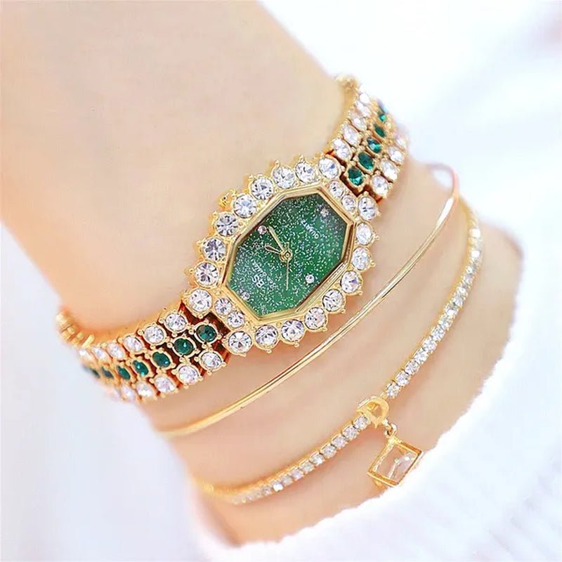BS Brand Fashion Watches Women Ladies Diamonds Small Bracelet Watch Green Stone Gold Waterproof Montre femme - WORLD TIME VISITS