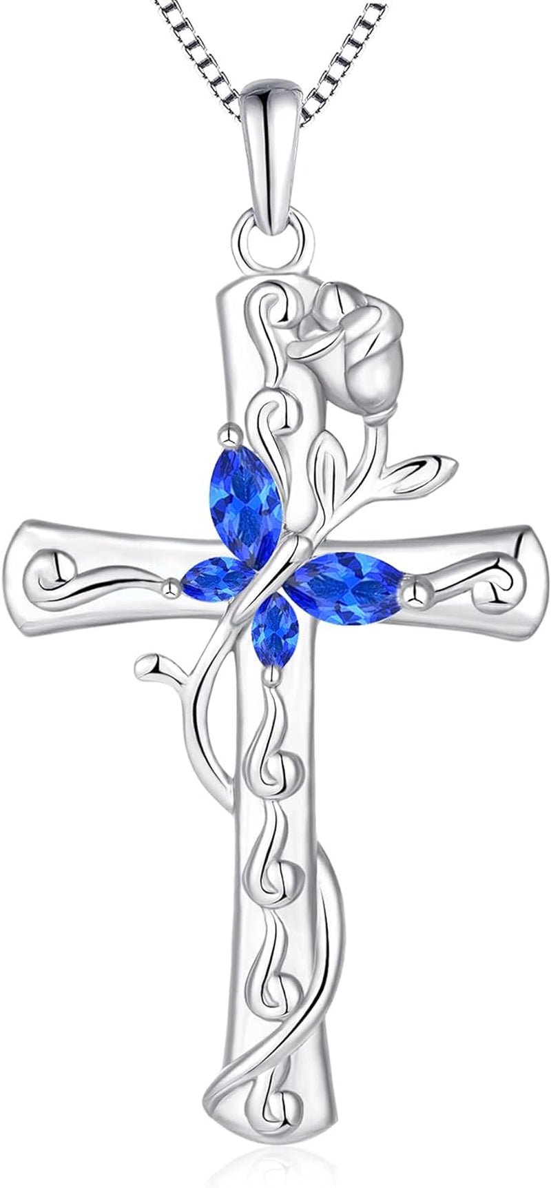 Butterfly Cross Necklace Sterling Silver Cubic Zirconia Rose Pendant Birthstones Crucifix Jewelry for Women - WORLD TIME VISITS