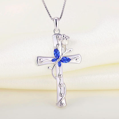 Butterfly Cross Necklace Sterling Silver Cubic Zirconia Rose Pendant Birthstones Crucifix Jewelry for Women