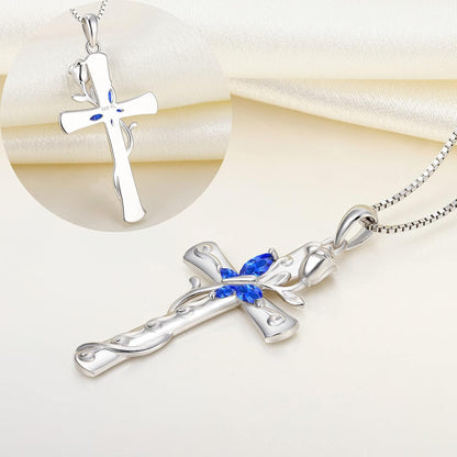 Butterfly Cross Necklace Sterling Silver Cubic Zirconia Rose Pendant Birthstones Crucifix Jewelry for Women